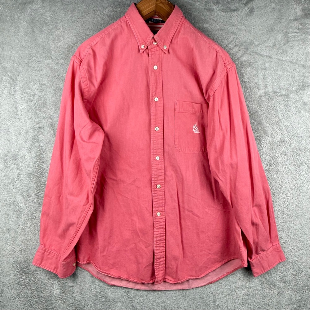 Nautica Button Down Shirt Mens L Pink Sailboat Logo Nautical Vintage 90s Cotton